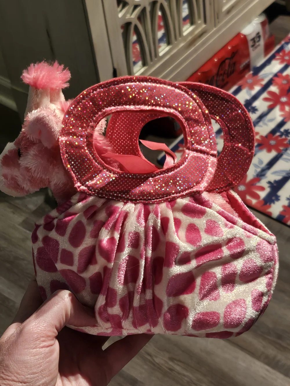 Plush Giraffe Handbag for Kids — Pink Sparkle Bow
